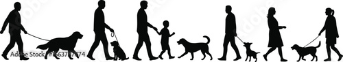 Silhouettes of people walking dogs, various breeds, family and pets together, outdoor activity, pet care, companionship, black vector illustration