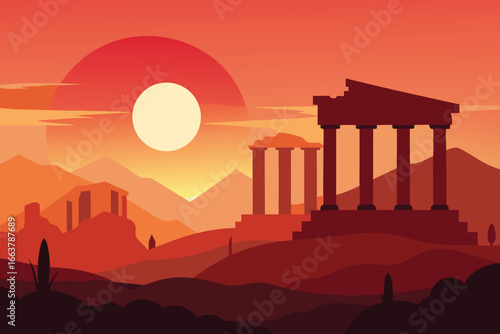 Ancient temple ruins at sunset, a historic landmark with beautiful architecture and a rich cultural heritage, set in a desert landscape with a stunning view