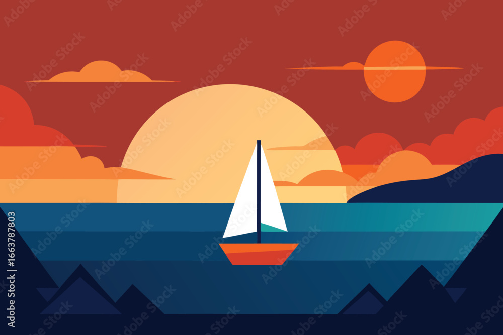 Naklejka premium A minimalist vector illustration of a sailboat sailing on the sea during a beautiful sunset with colorful clouds and a calm horizon