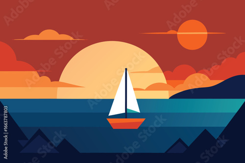A minimalist vector illustration of a sailboat sailing on the sea during a beautiful sunset with colorful clouds and a calm horizon