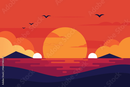 A scenic sunset over the ocean with birds flying in the sky, creating a peaceful and serene atmosphere in a beautiful landscape