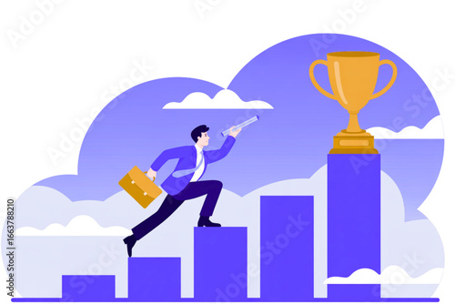 Ambitious businessman climbing to success, reaching for trophy, vision, business goals, future