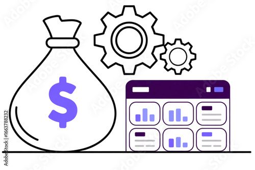 Financial growth and business process concept with money bag, charts, and gears for success