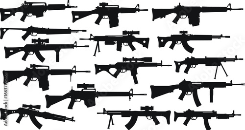 Silhouettes, modern rifles, firearms collection, military weapons, tactical guns, assault rifles, black and white, vector illustration, detailed shapes, handgun silhoue