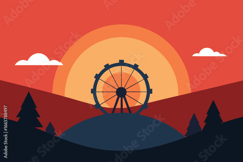 Sunset landscape with ferris wheel silhouette on mountain top, a captivating scene of natures beauty and recreational attraction