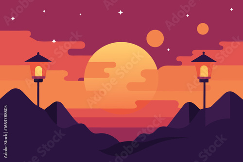 Sunset landscape with mountains, moon, stars, and lamps, a dreamy and romantic scene of natures beauty and tranquility