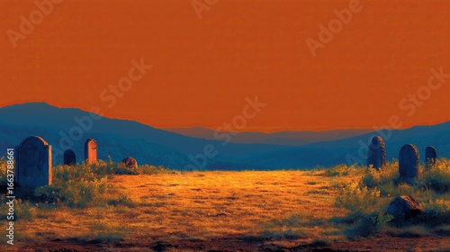 A cemetery with tombstones on a hill against a vibrant orange sky and blue mountain layers