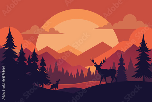 A scenic landscape illustration featuring deer silhouettes against a vibrant sunset backdrop with mountains and trees, creating a peaceful nature scene