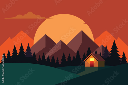 A serene landscape illustration featuring a cozy cabin nestled in the mountains with a vibrant sunset backdrop and lush trees, creating a peaceful nature scene