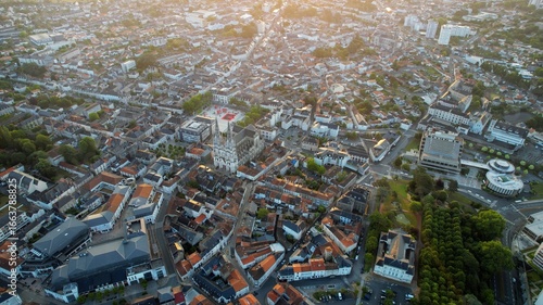 Aerial panorama view around the old town in the city Cholet in France, on a sunny summer morning