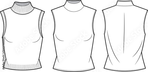 Sleeveless mock neck top fashion design, technical sketch layout, front back view, cad drawing flat vector illustration, apparel template iconSleeveless mock neck 
