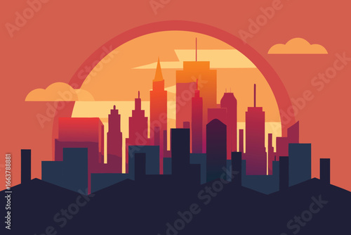A vibrant cityscape silhouette at sunset, showcasing modern architecture and urban design against a colorful sky, creating a scenic and dynamic panorama