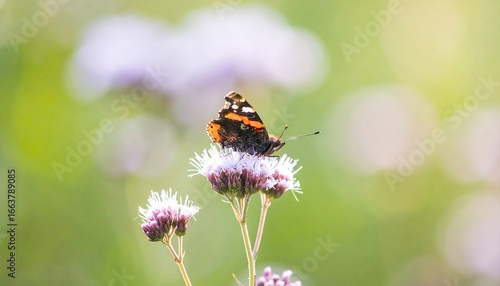 A vibrant butterfly rests gracefully on a delicate flower head, showcasing its intricate orange and black markings against a soft, blurred natural backdrop.