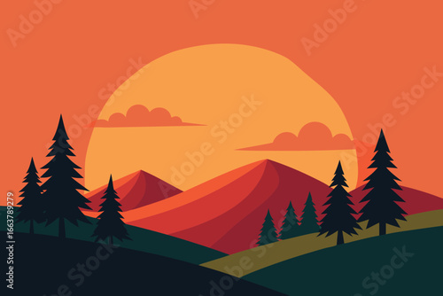 A picturesque sunset landscape showcasing rolling hills, towering mountains, and lush forests, creating a serene and inviting scene for outdoor adventures