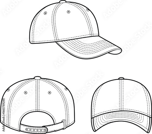Snapback cap CAD drawing, flat vector illustration, fashion headwear template, technical hat sketch, adjustable cap design, accessory outline, apparel mockup, production-ready file
