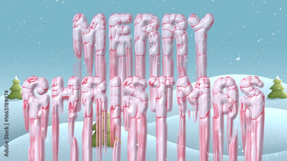Merry Christmas Peppermint Melt 4K Loop features the words Merry Christmas with a peppermint candy cane look melting in a snowy winter landscape atmosphere in a loop.