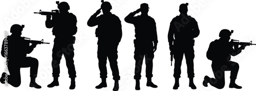 Soldier, Military, Army, Combat, Tactical, Weapon, Rifle, Pistol, Salute, Silhouette, Vector, Protection, Duty, Defense, Personnel
