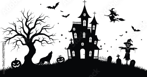 Spooky haunted house with flying witch, bats, pumpkins, scarecrow, howling wolf, graveyard, full moon night, Halloween scene, creepy tree, dark horror background