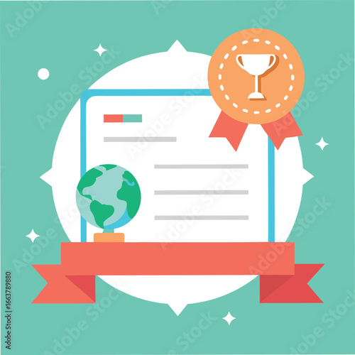 Certificate with a trophy and globe, representing global achievement, international recognition, and excellence in worldwide standards
