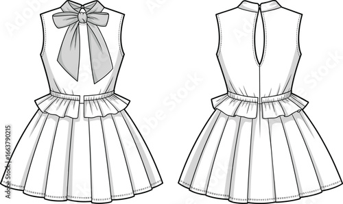 Stylish sleeveless peplum dress sketch, girls pleated dress with bow, cute kidswear fashion drawing, children outfit technical template, CAD drawing flat vector illustration