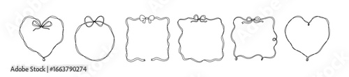 Set of elegant whimsical hand drawn frames with wavy squiggle curly ribbon and bow in trendy, vintage retro styles. Perfect for wedding, birthday or party invitations or greeting card decor