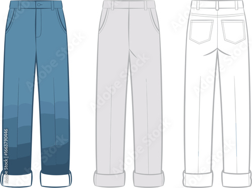 Stylish women’s jeans vector illustration, cuffed denim pants, front and back views, modern flat fashion sketch, trendy casual wear drawing, apparel technical template