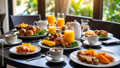 A lavish breakfast spread on a dark-toned table, featuring pastries, fruits, and beverages, is beautifully arranged.