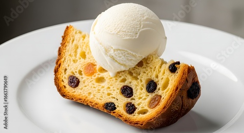 Slice of panettone with vanilla ice cream on white plate dessert