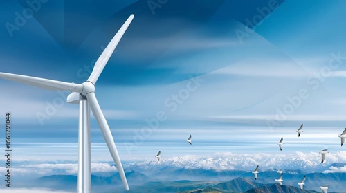 Wind turbine stands tall against a vibrant sky, as birds gracefully soar around, capturing the essence of nature's harmony and renewable energy in motion
