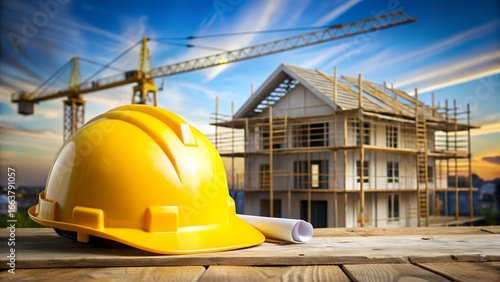 Wallpaper Mural Yellow hard hat and blueprints in front of a house under construction with a crane Torontodigital.ca