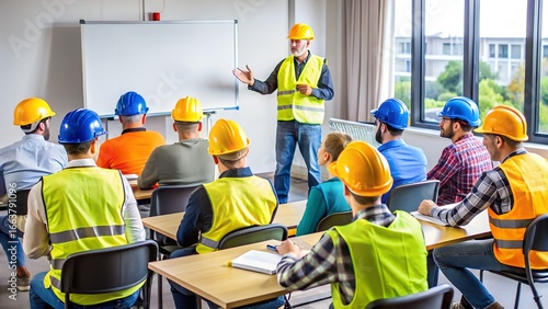 Construction training class with instructor teaching students in a classroom setting