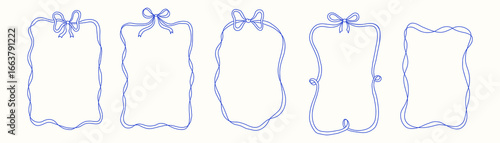Whimsical wedding frame set with elegant blue ribbon bows and wavy borders. Decorative hand-drawn outlines perfect for invitations, greeting cards, scrapbooking, anniversaries, and romantic stationery