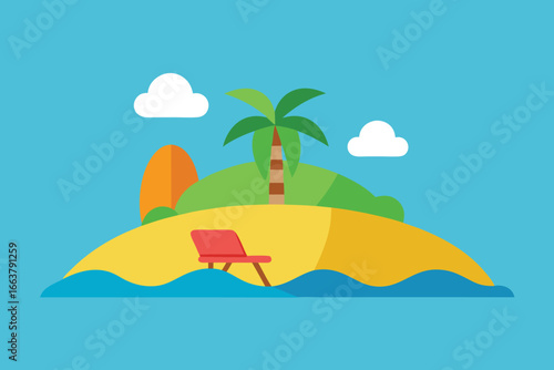 Serene tropical island with a red chair on the beach, palm tree, and clear blue sky, ideal for a summer vacation and relaxation