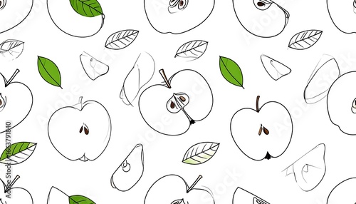 Hand-Drawn Seamless Pattern of Fresh Apple Slices and Leaves.
