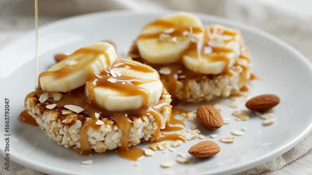 A plate of banana and oatmeal cookies with a drizzle of chocolate sauce. The plate is white and the cookies are brown