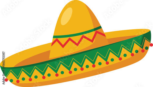 Traditional Mexican sombrero hat illustration, colorful fiesta costume accessory, cultural celebration headwear, bright yellow and green hat, festive cartoon design, Mexican party clipart
