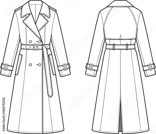 Trench Coat CAD Design, Double Breasted Long Coat with Belt, Cuff Straps, Lapel Collar, Technical Fashion Flat Vector Sketch