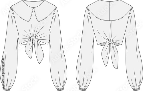 Trendy women’s puff sleeve crop blouse, tie front and back design, fashion flat sketch, CAD vector illustration, front and back