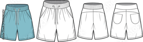 CAD drawing flat vector illustration of men’s shorts, front and back views, drawstring waistband, pocket detail, clean seam layout, fashion sketch, technical clothing template