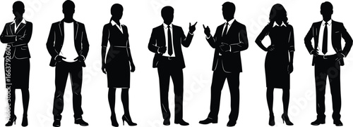 Group of business professionals standing, corporate team silhouette, office staff lineup, teamwork concept, professional people illustration, leadership and communication