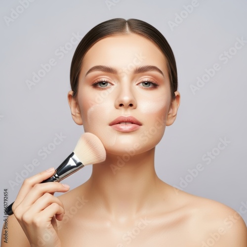 Caucasian female applying makeup with brush on face - young adult beauty routine