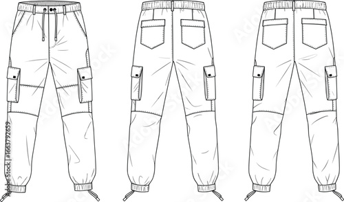CAD drawing flat vector illustration of cargo pants, front side and back views, elastic waistband, drawstring hem, detailed pockets, technical garment sketch, fashion template