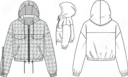 CAD drawing flat vector illustration of hooded houndstooth jacket, front side and back views, fashion sketch, stylish outerwear design, garment template, detailed clothing layout