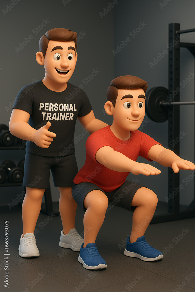 Obraz premium Personal trainer assisting client with squat exercise – fitness coaching concept