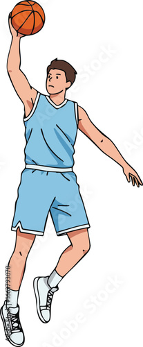 Basketball player jumping scoring slam dunk in blue sportswear vector illustration 