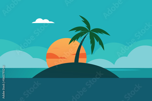 A tranquil tropical island with a palm tree silhouetted against a vibrant sunset over the ocean, creating a peaceful and serene scene