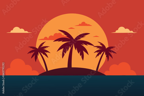 Three palm trees silhouetted against a fiery sunset over the ocean, creating a dramatic and exotic tropical island landscape at twilight