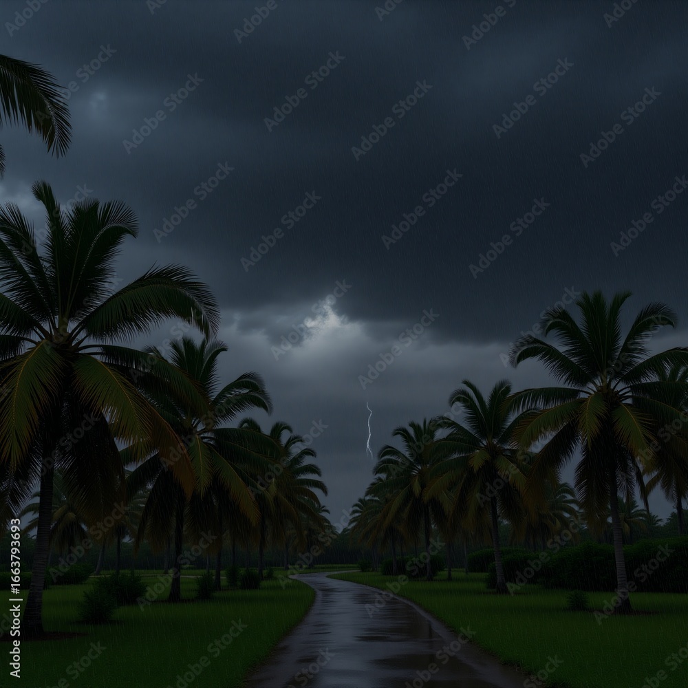Fototapeta premium Windy evening amidst coconut trees under threatening thunderclouds