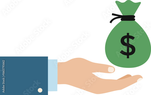 Hand holding green money bag symbolizing financial gain and monetary transaction vector illustration 