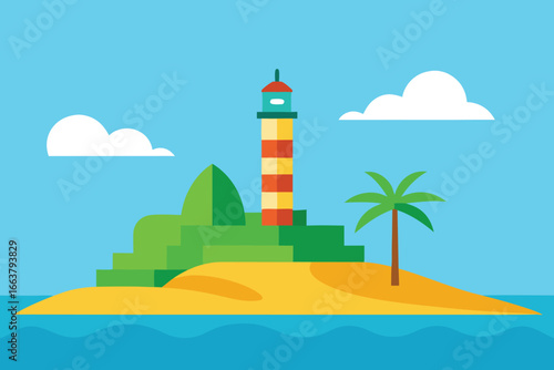 A picturesque island with a lighthouse and lush greenery, offering a serene escape and guiding light amidst the vast ocean expanse